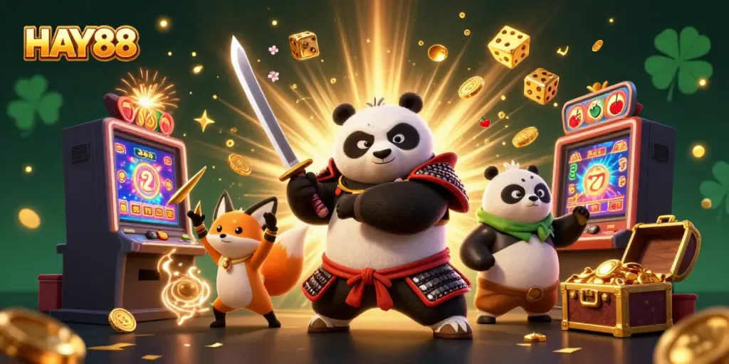 Experience HAY88's dynamic gaming scene with slots, characters, and bonuses in a vibrant 3D illustration.