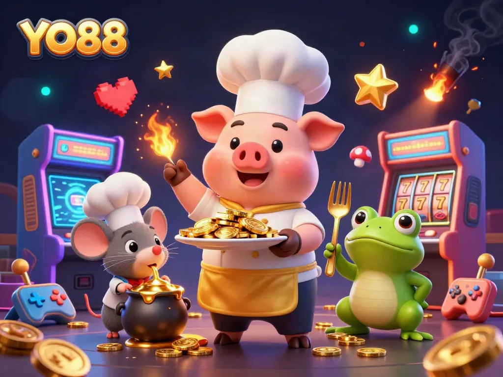 Engaging scene showcasing YO88 with a chef pig presenting gold coins among casino games, ideal for gamblers.