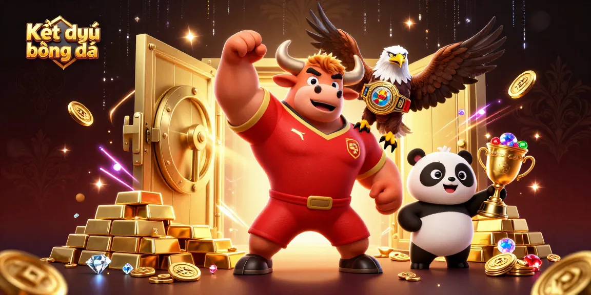 Kết quả bóng đá takes center stage with a vibrant 3D scene featuring a winning bull mascot, eagle champion, and trophy panda.