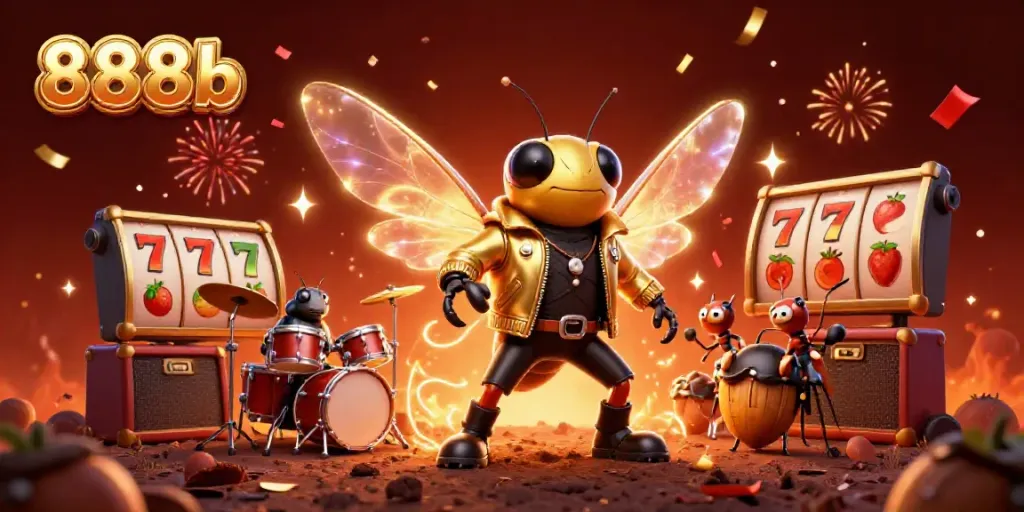 Engage with 888b through a vibrant 3D illustration of a cicada rock star and colorful casino elements.
