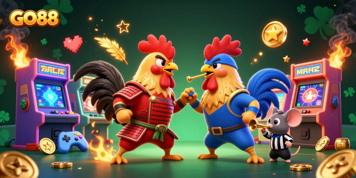 GO88 showcases cartoon fighting roosters in a vibrant, dynamic casino-themed scene, celebrating gaming excitement.