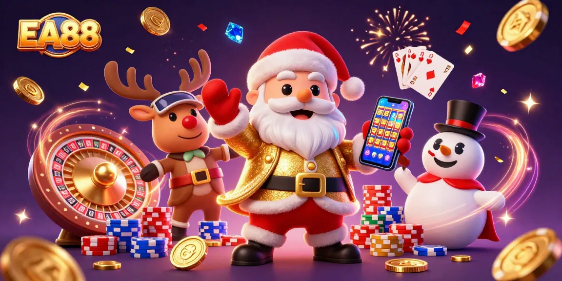 EA88 slots celebration with Santa, reindeer, and snowman in a vibrant casino setting.