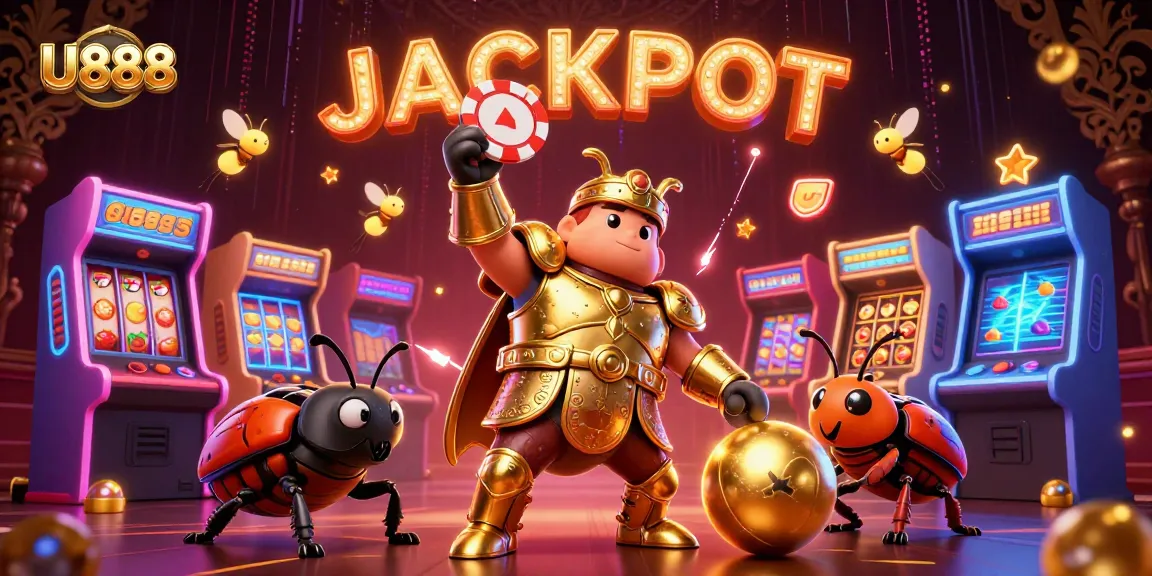 Experience U888's thrilling jackpot ambiance with vibrant casino elements and a heroic beetle.