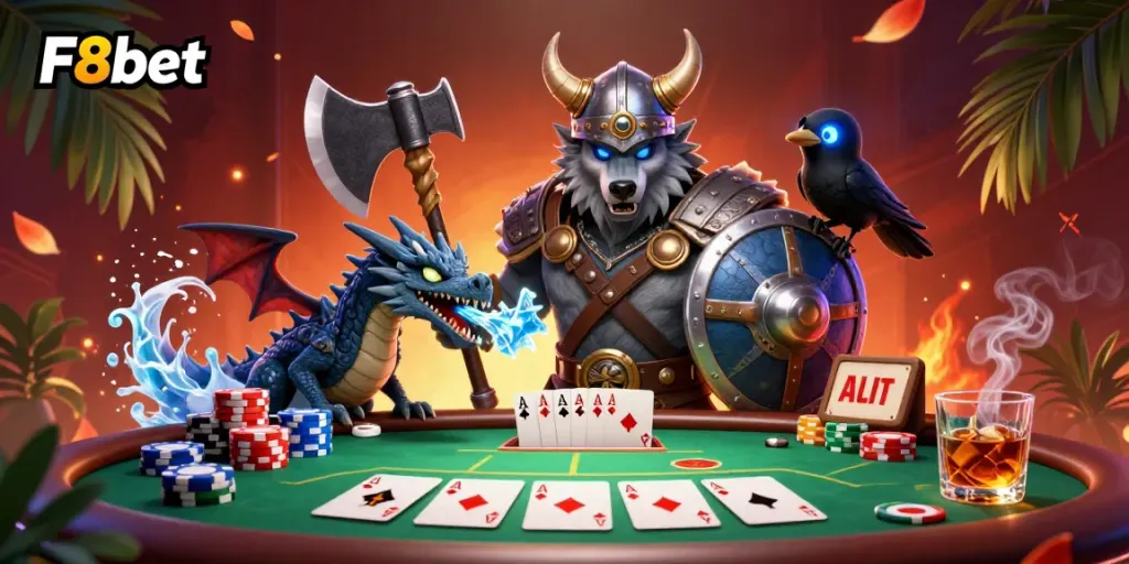 Engage in thrilling poker adventures with F8bet's Viking warrior and dragon in a vibrant casino setting.