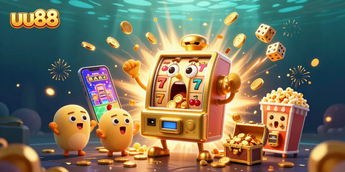 uu88 jackpot celebration with golden slot machines, confetti, and vibrant casino elements bursting in joy