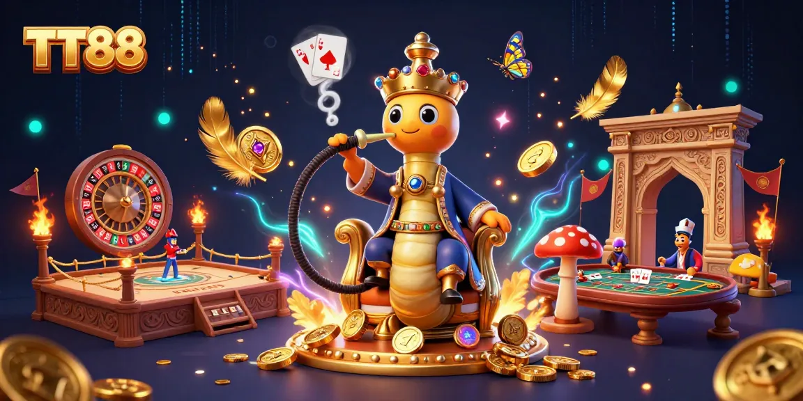 Engage in TT88-style casino excitement with a vibrant illustration of a caterpillar hookah-master amid games.
