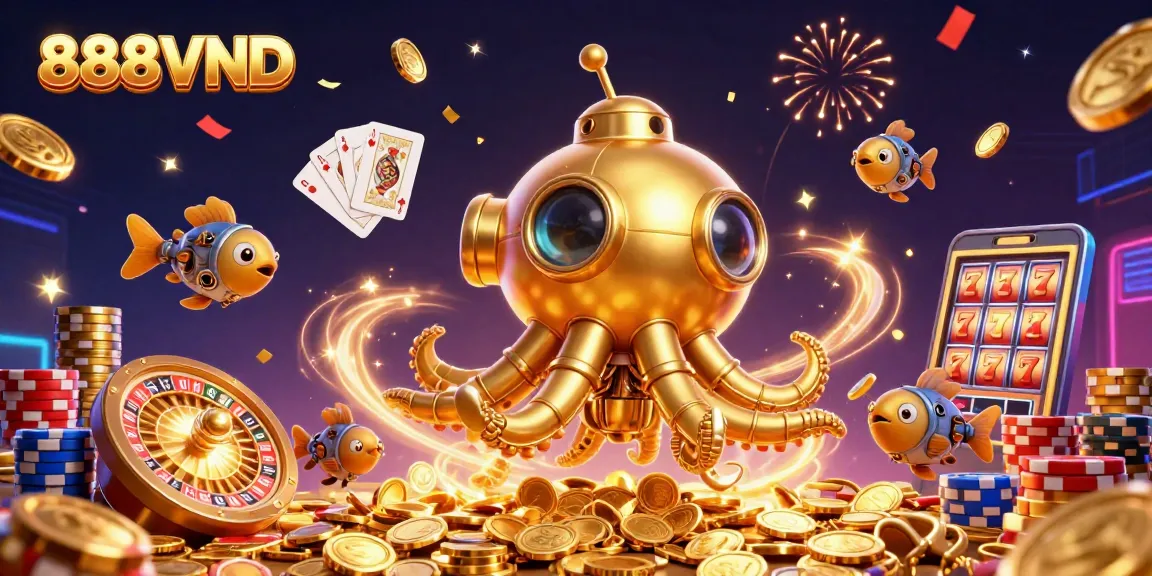 Experience exhilarating gameplay with 888VND, featuring a golden kraken submarine emerging amidst coins, gems, and cards.