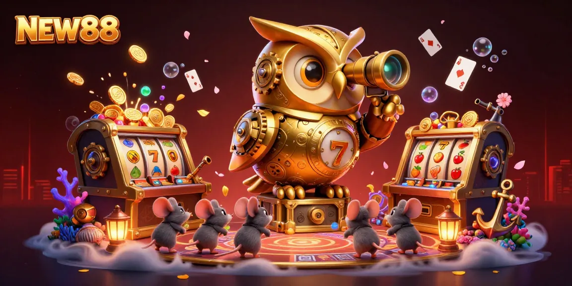 Win big with NEW88 in a vibrant 3D casino scene featuring an owl and slot machines.