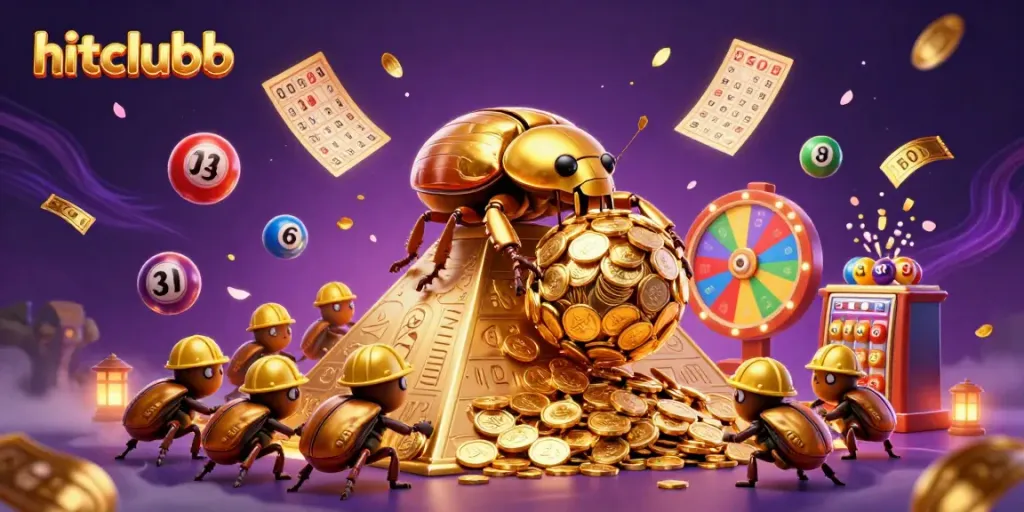 hitclubb showcases lively gaming action with golden beetles and lottery symbols amidst vibrant energy