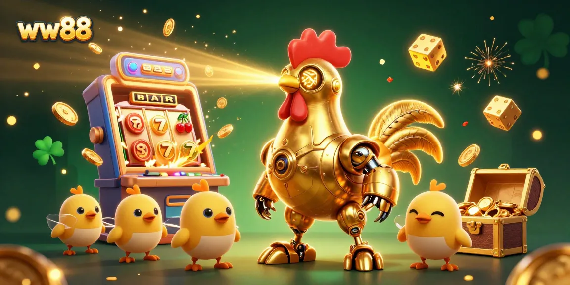 Experience thrilling gameplay at ww88 with a dynamic scene of a golden rooster robot amidst a vibrant casino atmosphere.