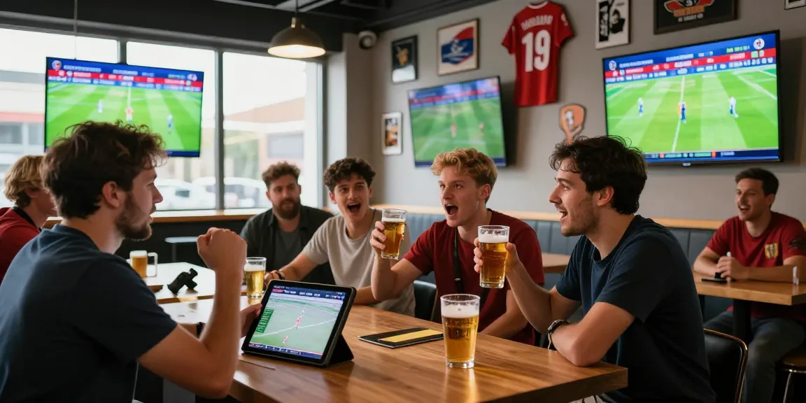 Football fans engaging with Bongdata betting odds at a sports bar.