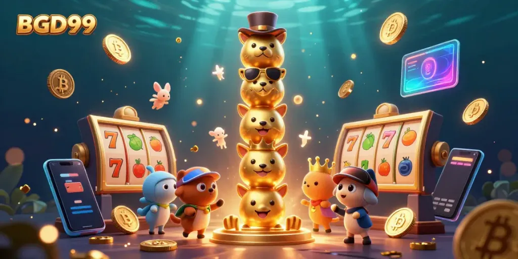 Experience BGD99's thrilling casino atmosphere with exciting slot reels and a golden totem pole.
