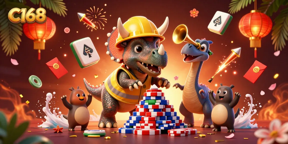 C168's engaging scene of a triceratops and friends celebrating gaming wins with vibrant casino elements.
