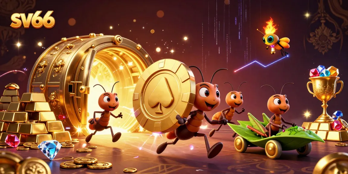 sv66 heist scene with animated ants carrying a giant poker chip amidst sparkling treasure vault elements