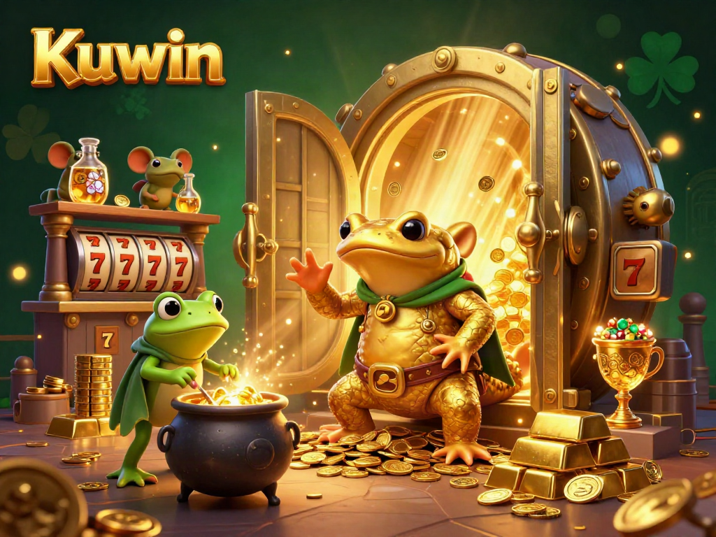Kuwin alchemist and frog apprentice creating riches in a vibrant online casino scene.