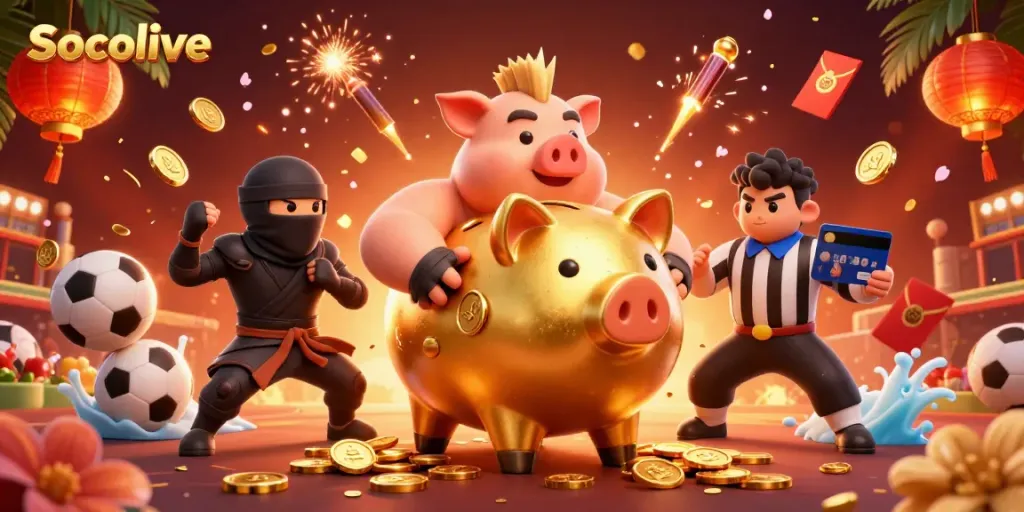 Win big with Socolive's live sports betting! A dynamic illustration of a piggy bank sumo wrestler and gaming opponents.