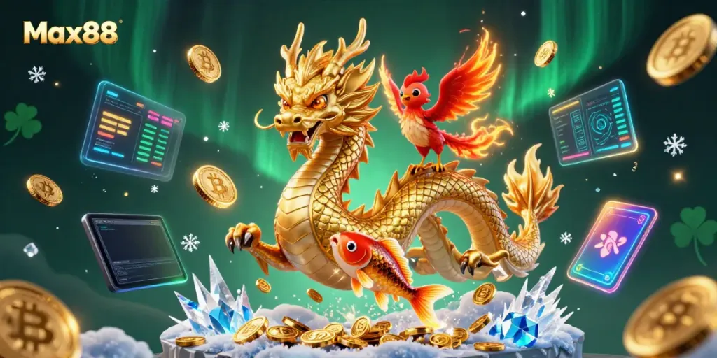 Experience thrilling gameplay with Max88 featuring a majestic dragon and phoenix in an energetically rich casino scene.