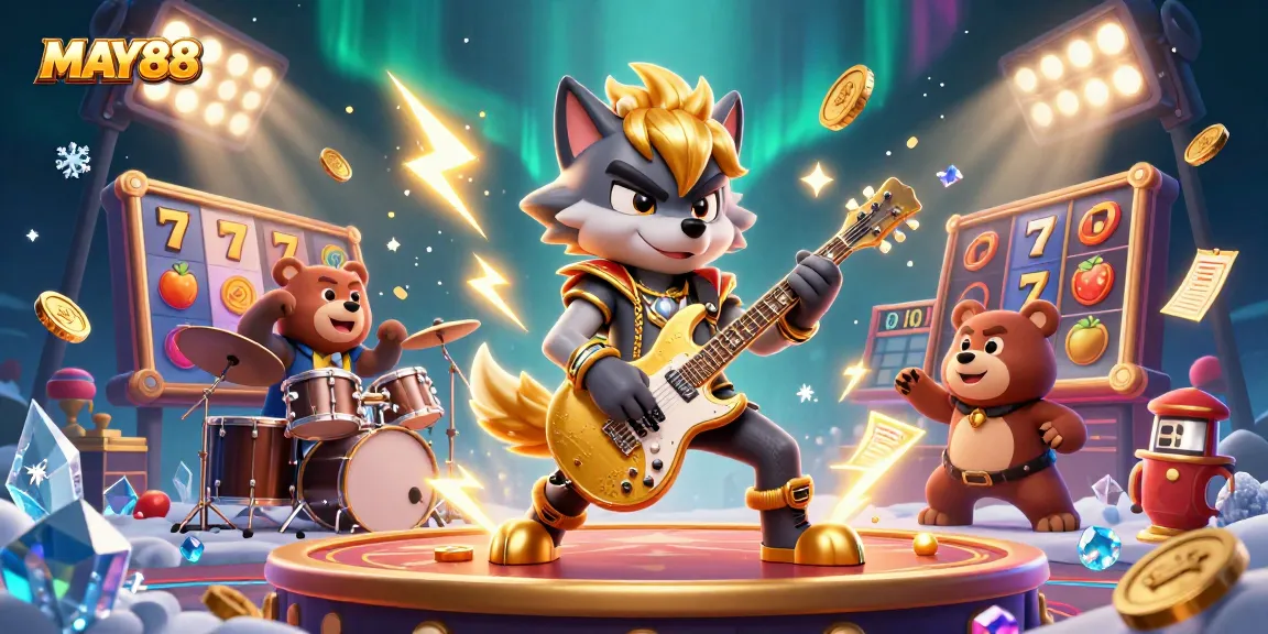 MAY88 showcases a 3D cartoon rock star wolf and drummer bear in a vibrant casino scene, celebrating thrilling jackpots.