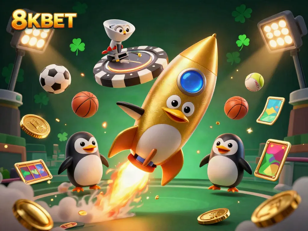 Experience the thrill of 8KBET with a golden penguin and casino-themed elements soaring through space.