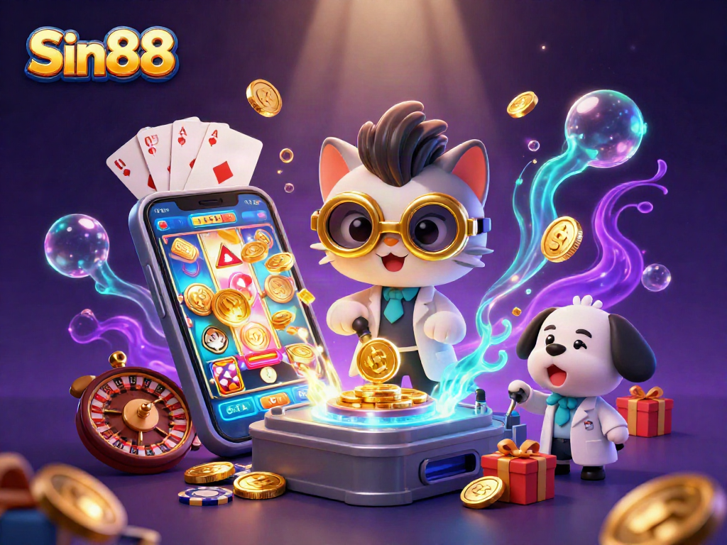 Experience the Sin88 excitement with a 3D scientist cat and dog in a dynamic casino scene.