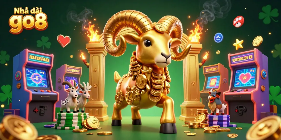 Engaging illustration of Nhà cái go8 showcasing a golden ram character representing high-stakes gambling with vibrant casino elements.