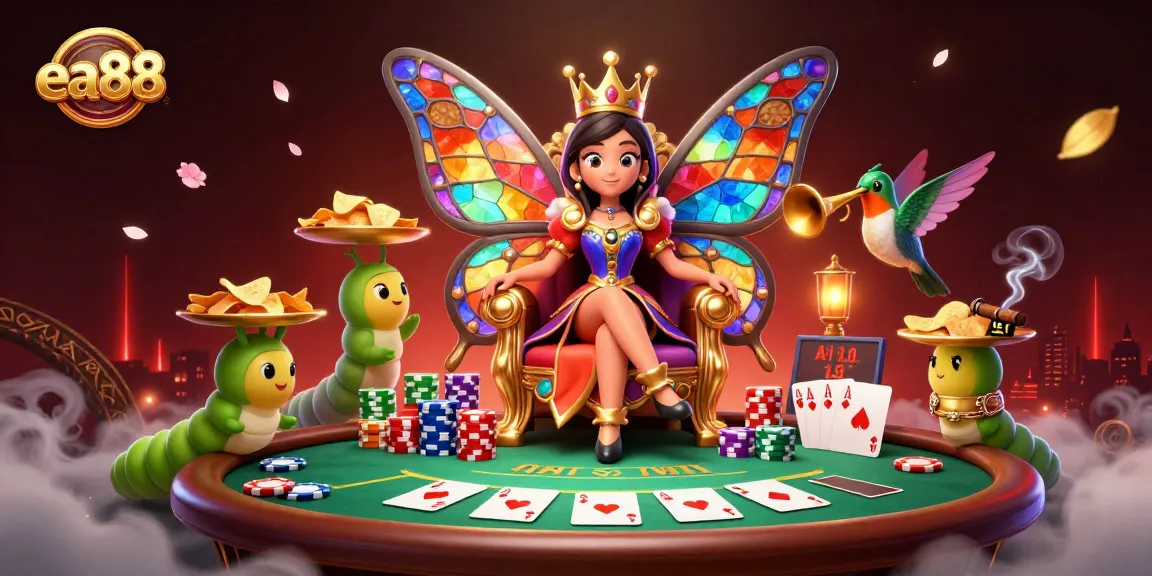 Experience excitement at ea88's vibrant casino scene with a butterfly queen and poker elements.