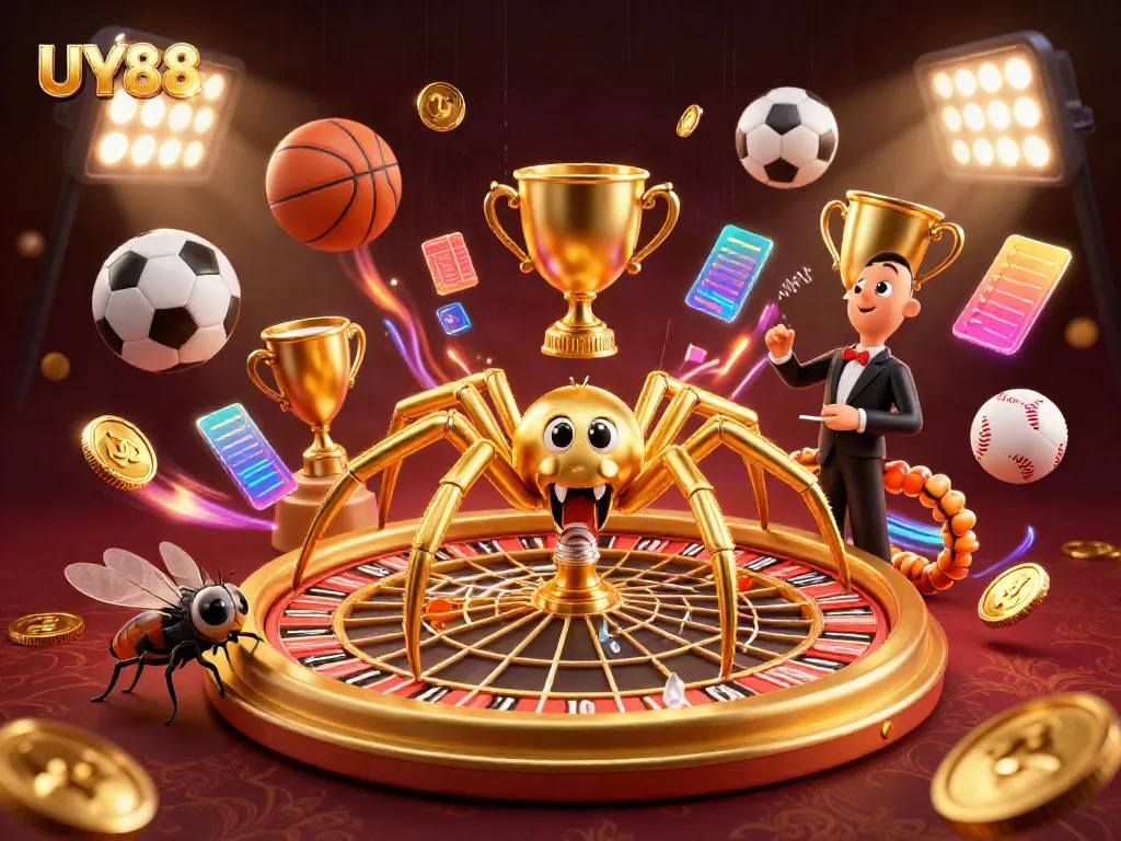 Bet on excitement with UY88's dynamic 3D casino scene featuring sports elements and a vibrant roulette wheel.