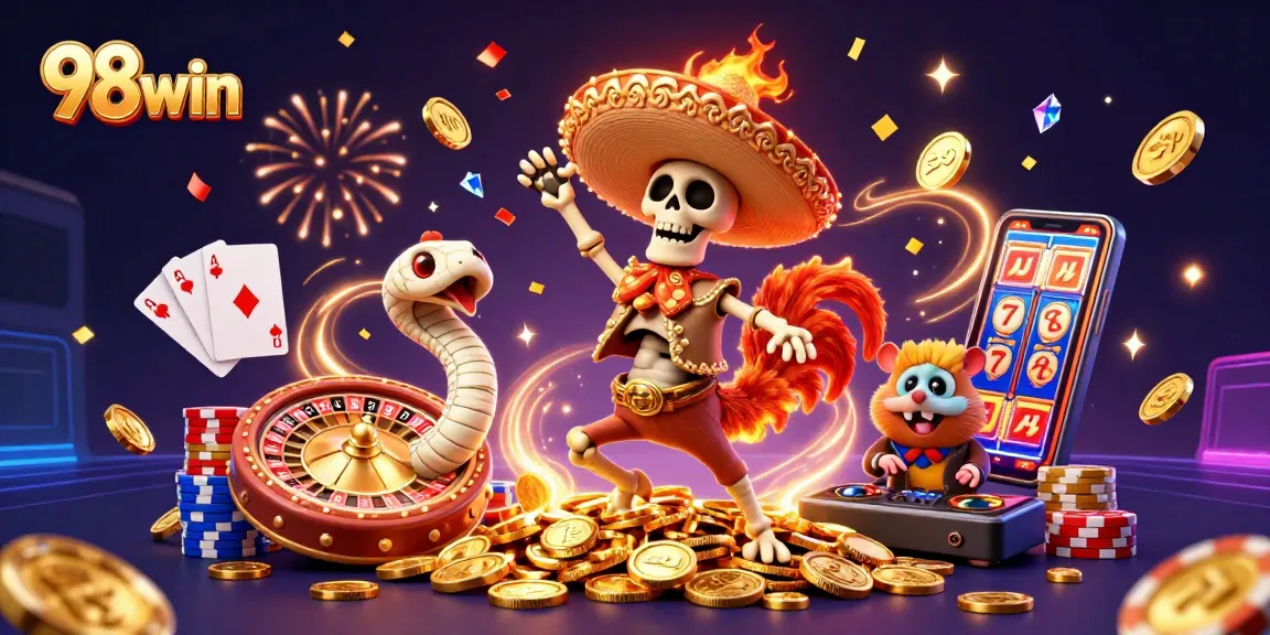 Cascade golden coins around a dancing mariachi rooster in the vibrant 98win casino scene.