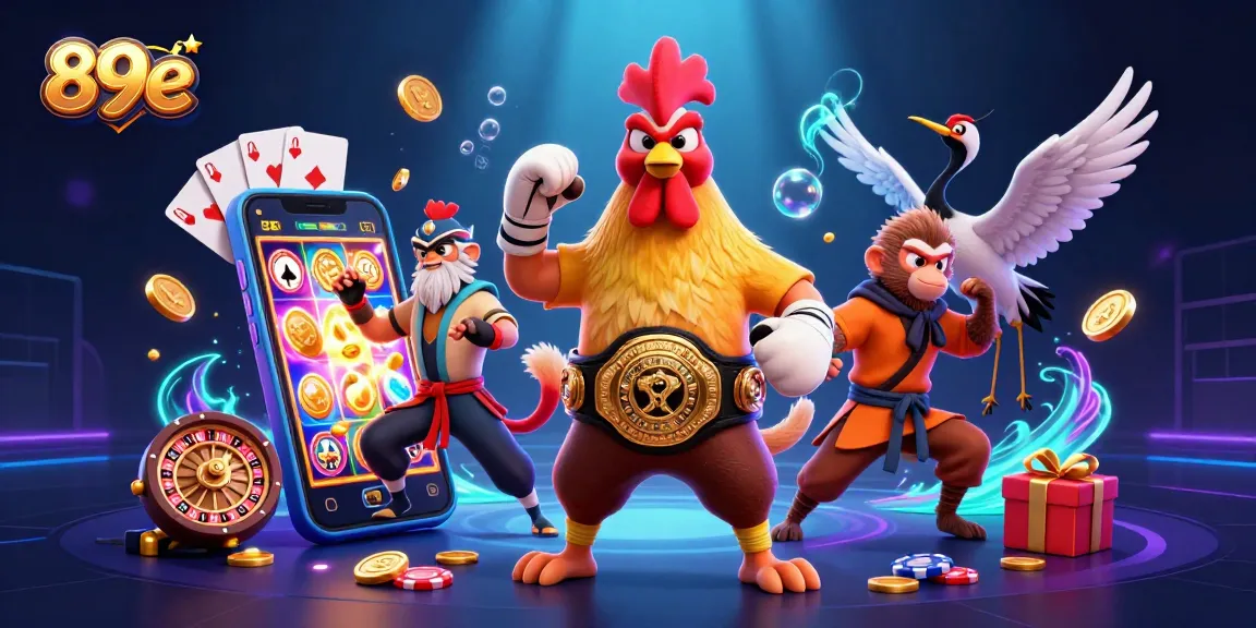 Engage with 89e's diverse gaming world featuring a rooster, monkey, and crane amid vibrant casino themes.