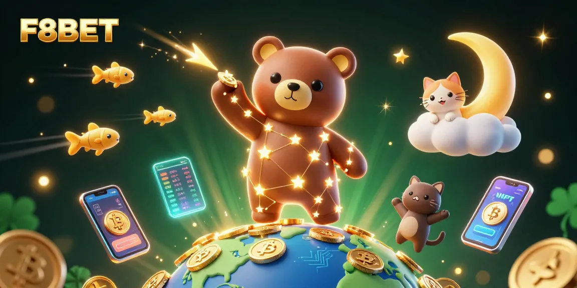 Engage with thrilling gameplay at F8BET featuring a vibrant 3D scene of a constellation bear and crypto elements.