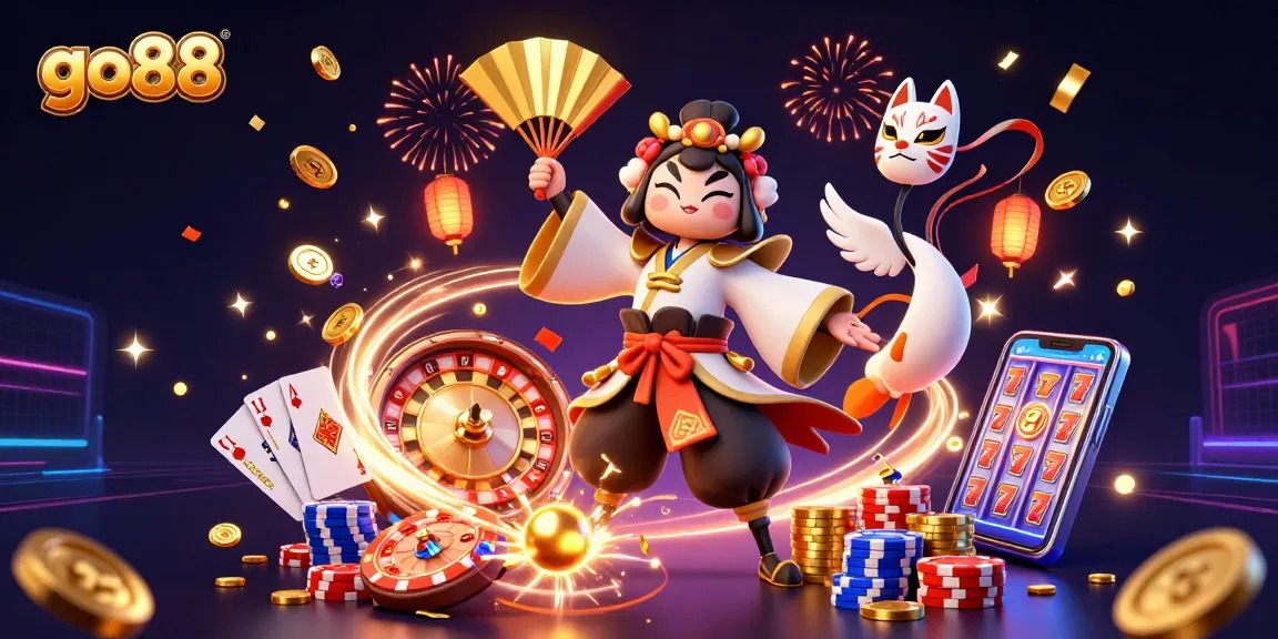 Experience go88 with a vibrant and dynamic casino scene featuring kabuki warriors and gaming elements.