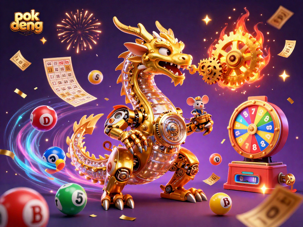 Engage in thrilling pok deng action with a golden dragon, vibrant lottery elements, and dynamic casino effects.