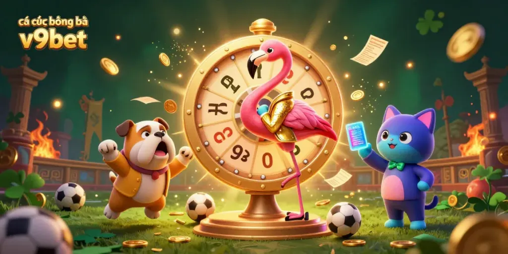 Engage in cá cược bóng đá v9bet with an exciting scene of characters celebrating betting wins.