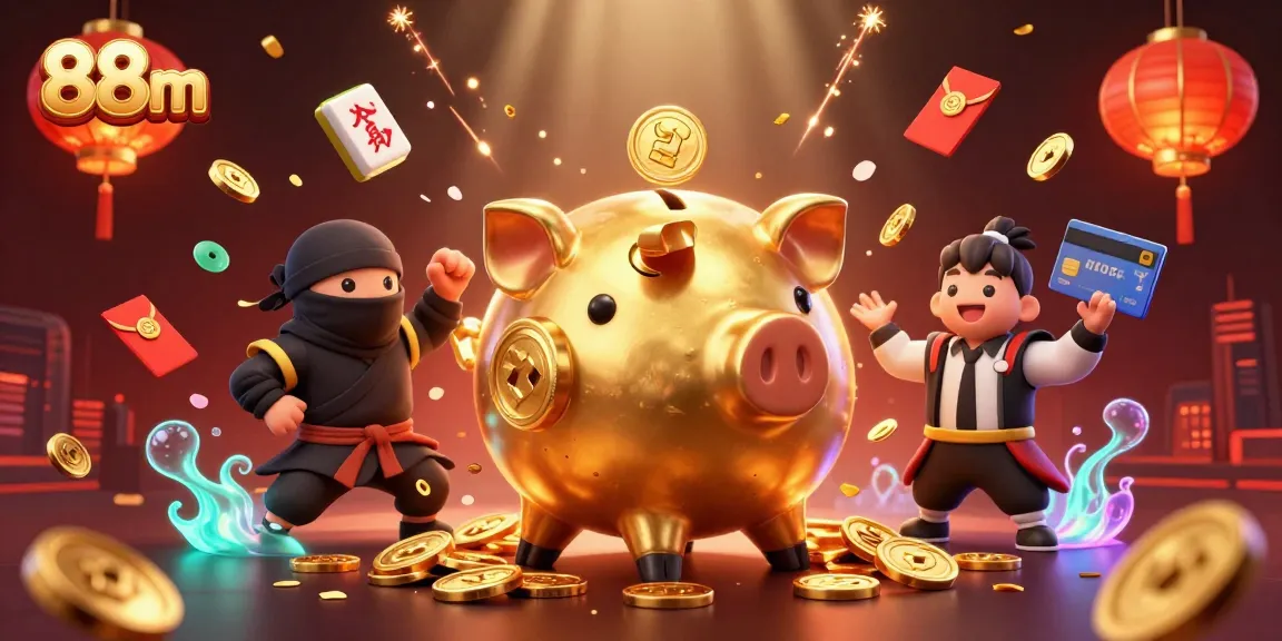 88m casino scene featuring a golden piggy bank sumo wrestler surrounded by lucky charms and dynamic elements.