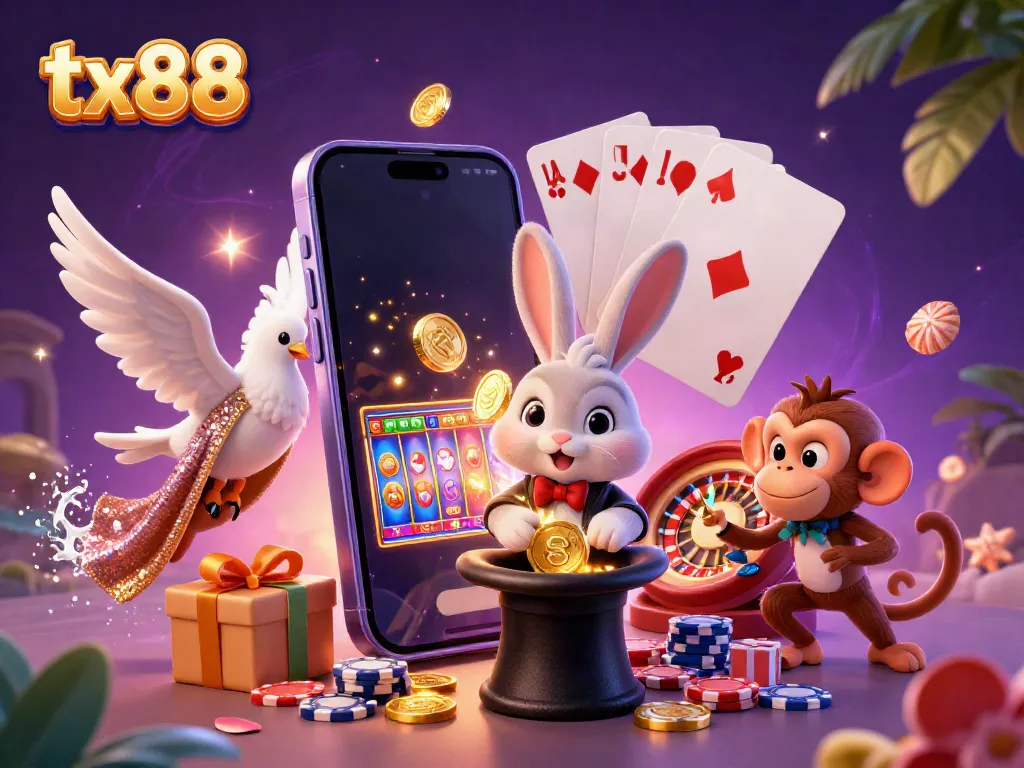 Experience the thrill of tx88 with a magician rabbit and glamorous dove in a vibrant casino setting.
