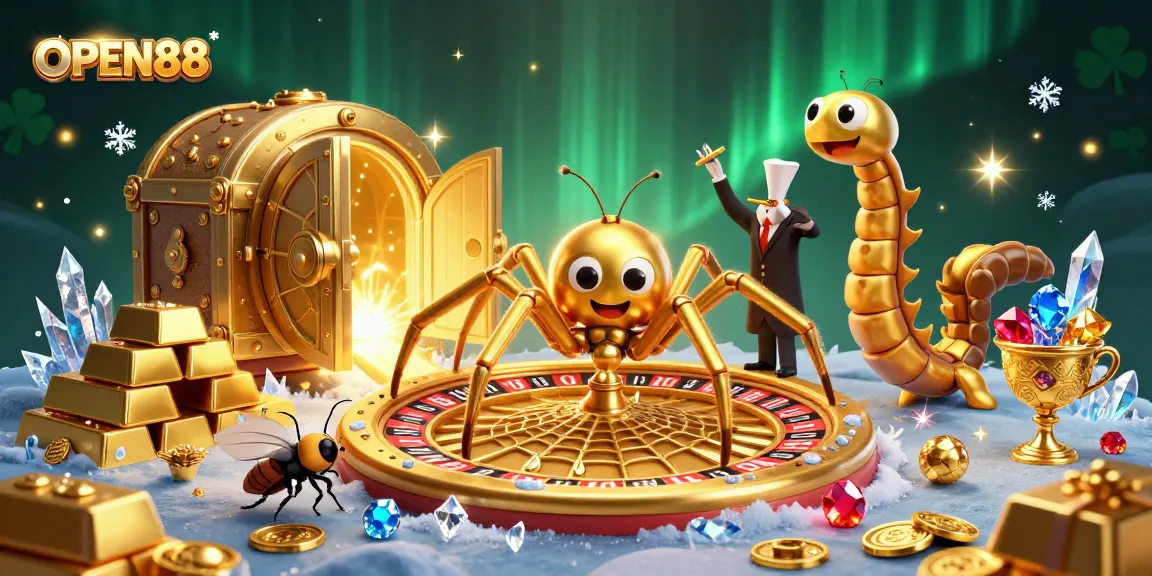 Experience the thrill of OPEN88 with golden spider and centipede croupier in a casino web.
