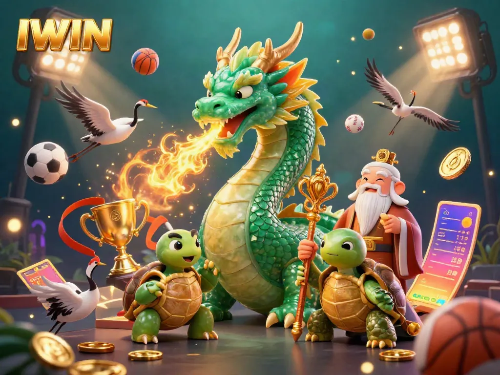 IWIN enhances the gaming experience with a majestic jade dragon and vibrant casino elements.