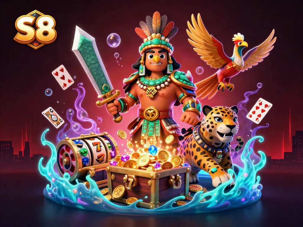 S8 casino scene depicting an Aztec eagle warrior and jaguar with vibrant slot machines and treasures.
