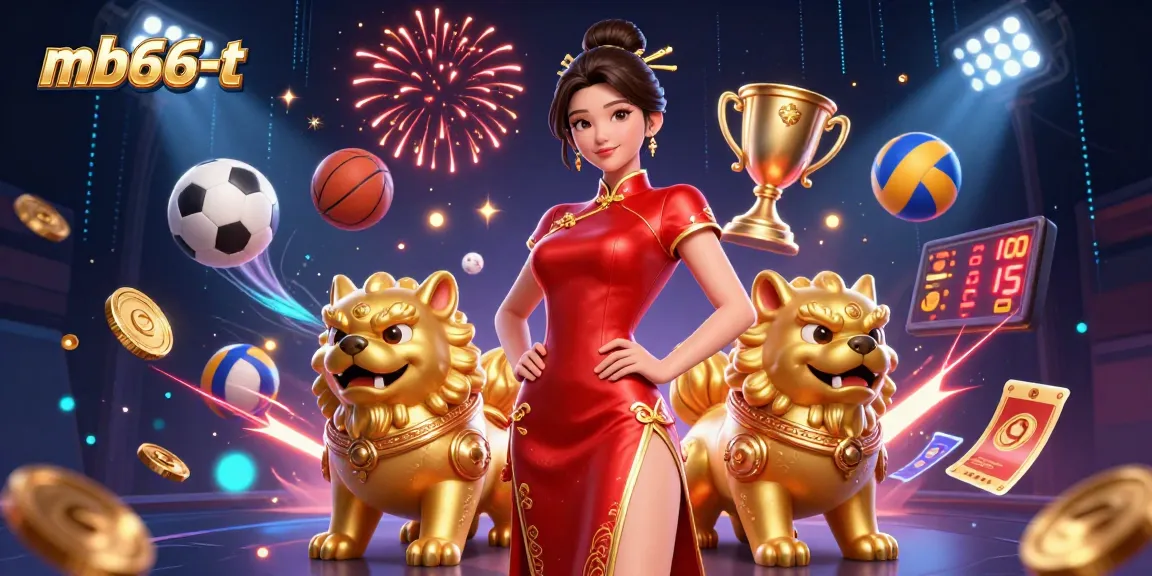 Bet on mb66-t with a glamorous Asian woman amid sports elements and vibrant fireworks.