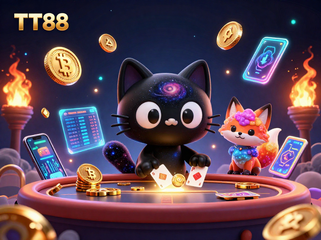 Engage with TT88, a cosmic casino scene featuring a black hole cat and neon crypto elements.