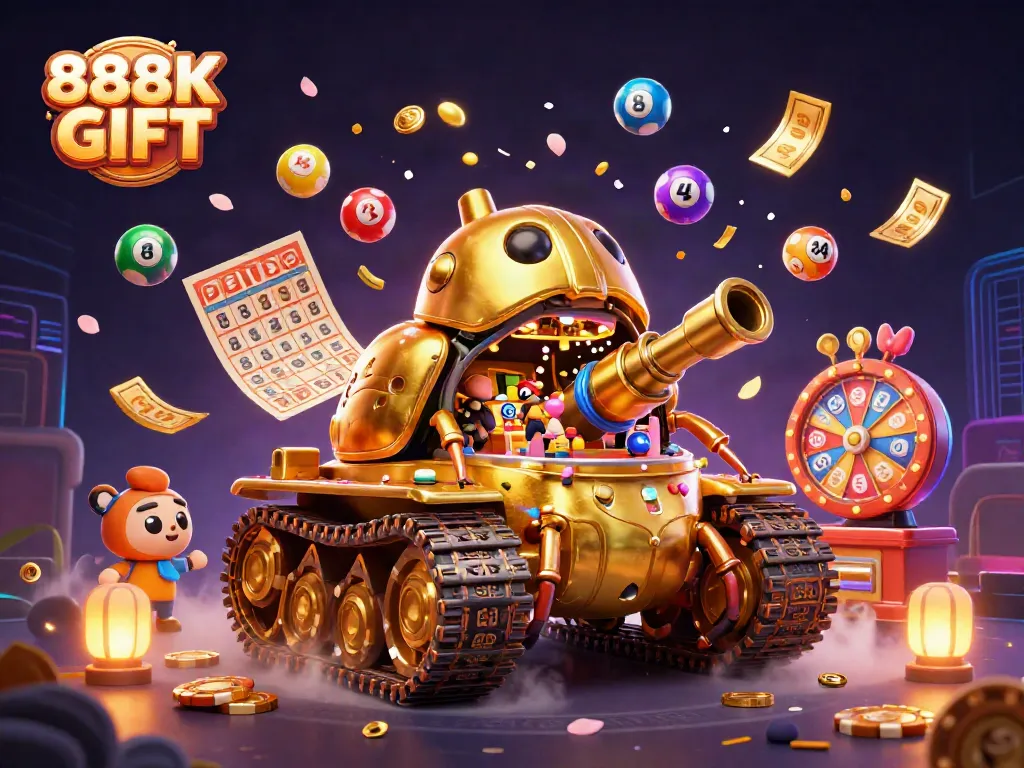 Engage with the excitement of 888K GIFT in this lively casino-themed illustration showcasing a golden beetle tank.