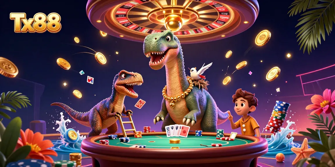 Experience thrilling action at Tx88 casino with a giant brontosaurus interacting at a poker table.