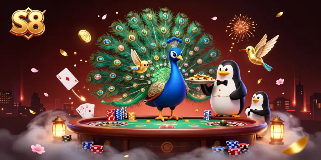 Join the excitement at S8 casino with 3D characters surrounded by vibrant gaming elements and rich visuals.
