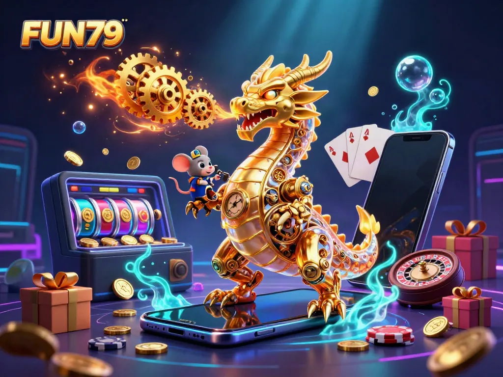 Engage in thrilling games at FUN79 while exploring a dazzling 3D illustration of a golden dragon and slot game excitement.