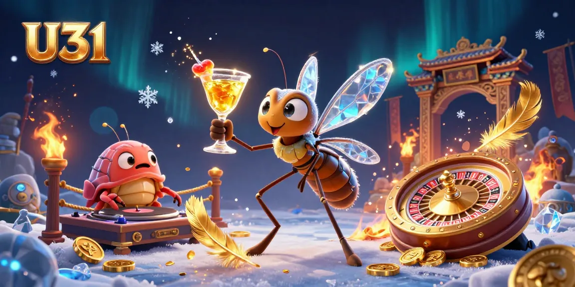 Engage with U31's vibrant casino experience featuring a frozen mosquito mascot, trilobite DJ, and golden roulette wheel.