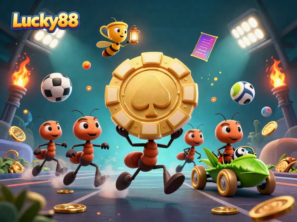 Winning with Lucky88 featuring ants on a heist with gambling elements scattered around.