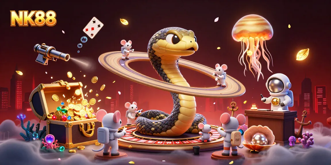 Experience thrilling bets at NK88 with cartoon space characters in a vibrant casino scene