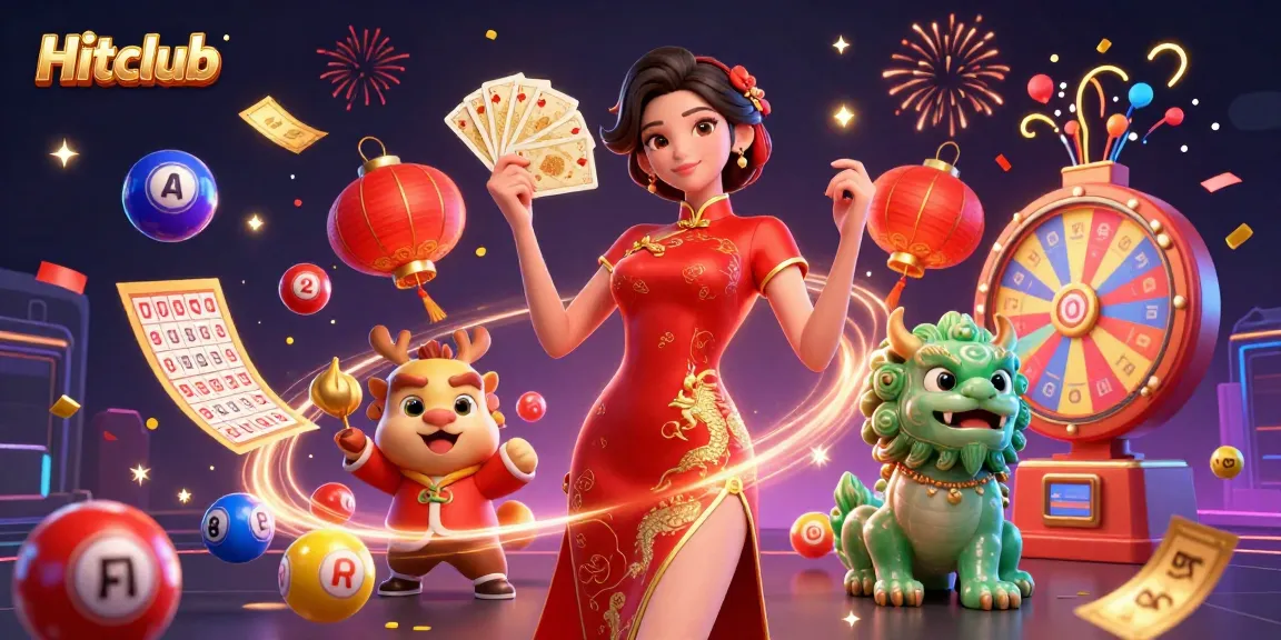 Hitclub enhances gaming excitement with a vibrant scene of a woman and jade lion amidst dynamic lottery elements.