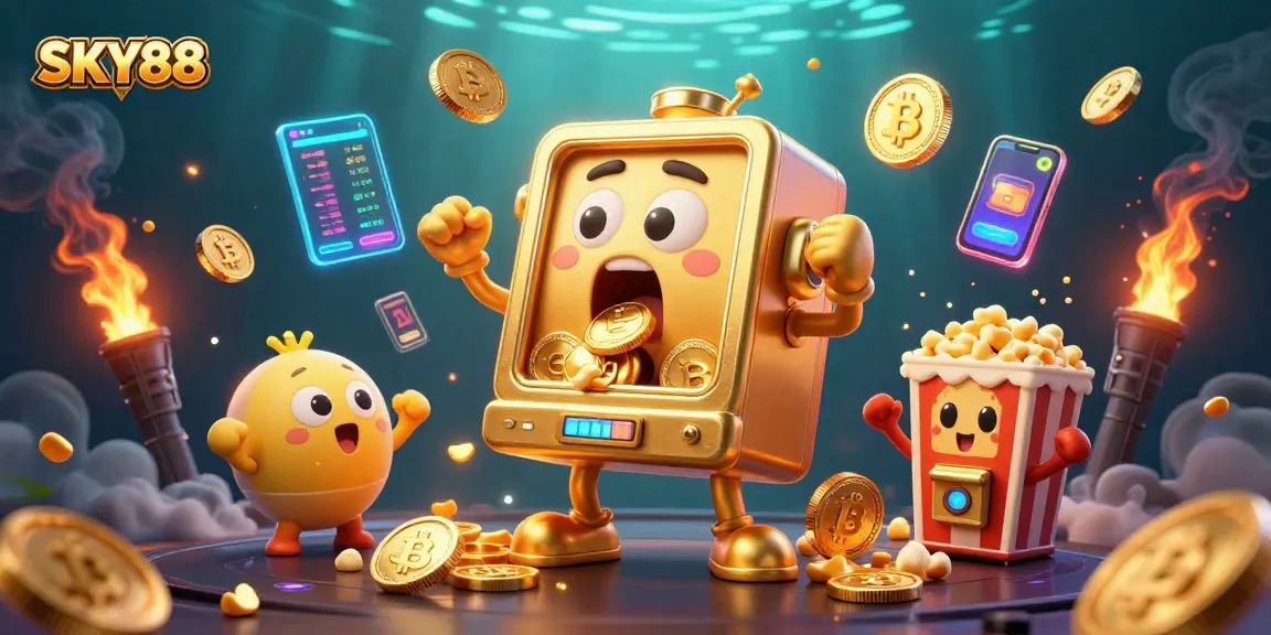 Spin the SKY88 golden slot machine and win as coins pour out in a celebratory scene!