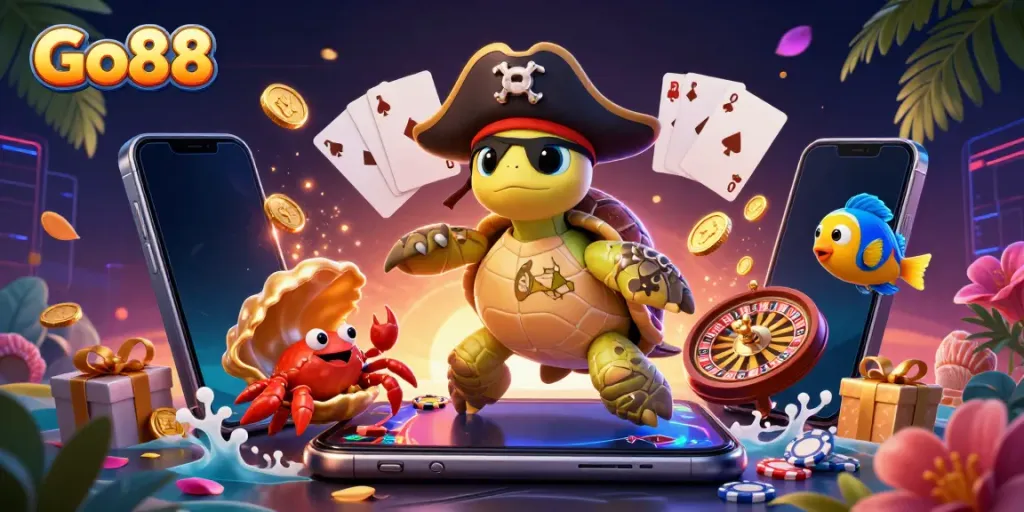 Go88 pirates explore underwater treasures in vibrant 3D casino illustration, complete with games and riches.